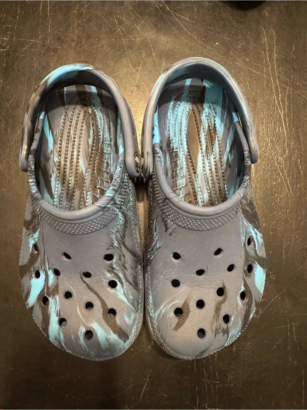 CROCS Kids Clog in Navy Blue with Aqua Brushstroke Pattern